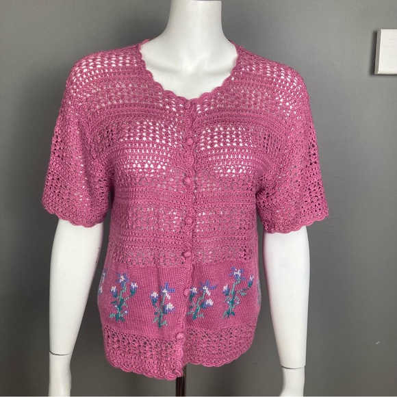 Vintage Sweaters - Vintage cardigan Large crochet pink floral cottagecore Teddi prairie boho